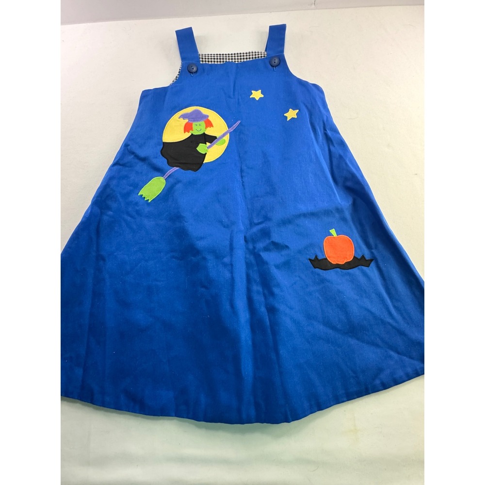 Mulberry St. Dress Girls 6 Blue Cotton Halloween Witch Pumpkin Pinafore Jumper